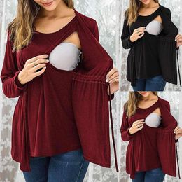 Autumn Winter Long Sleeve Round Neck Fake Two Piece Lace Up Breastfeeding Top T-shirt Pregnant Women's Outwear L2405