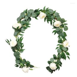 Decorative Flowers Artificial Eucalyptus Garland White Rose Vine With Willow Leaves Wedding Arch For Party Table Decoration