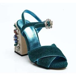 shipping 2019 Free Ladies leather diamond Pearl Chunky 10CM high heel peep-toes Buckle Strap SANDALS SHOES Cross-tied blu c27