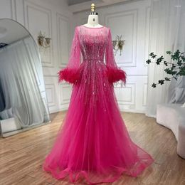 Party Dresses SERENE HILL 2024 Dubai Fuchsia Luxury Beaded Evening Black Formal Gown With Feathers For Women Wedding GLA72248