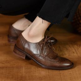 Cowhide Lady Flats Retro Low Heel British Style Fringe Oxfords Lace-Up Brogue Shoes For Women Vintage Oxfords Flat Shoes Woman