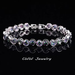 CWWZircons Fashion S Shape Round Cut Natural Rainbow Fire Mystical Crystal Stone Bracelets Bangles for Women CB148 240521