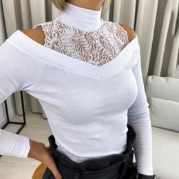 Women's Blouses Women Blouse Trendy Lace Patchwork Off Shoulder Long Sleeve Shirt Solid Colour O Neck Hollow Out Pullover Top For Daily Wear