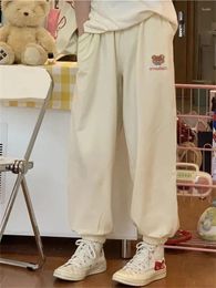 Women's Pants Kawaii Cute Beige Jogging Sweatpants Women Bear Embroidery Wide Leg Sports Oversized Korean Fashion Trousers Fleece