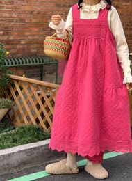 Casual Dresses 112cm Bust / Autumn Winter Women Mori Kei Girl Loose Plus Size Lace Patchwork Warm Thick Quilted Cotton Sleeveless