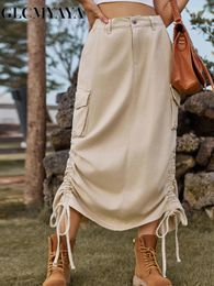 Skirts GLCMYAYA-Women's Retro Long Cargo Pocket Baggy Side Drawstring Low Rise Straight Hip Hop Streetwear Fashion