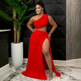 Work Dresses WUHE Summer Plus Size Women High Side Split Slim Maxi Long Skirts Suit And One Shoulder Tops Two 2 Piece Set Club Pary Oufits
