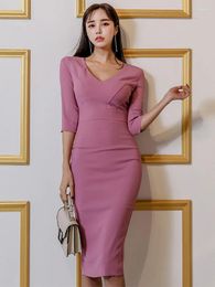 Casual Dresses Korean Elegant Women Dress Temperament Formal Simple V-Neck Bag Hip Slim Lace-up Midi Street Commute Robe Femme Mujer