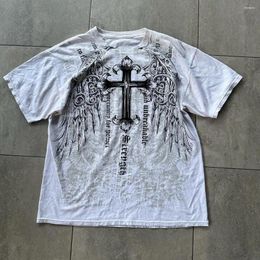 Women's T Shirts Retro Y2K Cross Angel Pattern Printed T-shirt Summer Loose Cotton Top Street Hip-hop Rap Men's Clothing
