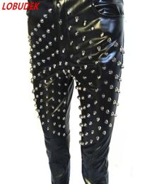 Black PU Leather Pants Tide Rivet Slim Leather Trousers Bar Male Singer Rock Drum Dancer Stage Costume Nightclub DJ Singer Punk Da5279854