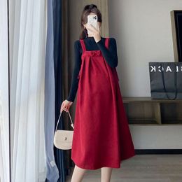 2024 New Year Maternity Red Strap with Bow Plus Size Pregnant Woman Party Dress Sleeveless Pregnancy A-line Dresses L2405