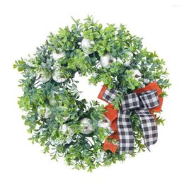 Decorative Flowers Autumn False Wreath Harvest Festival Plaid Bowknot White Pumpkin Artificial Thanksgiving Door Hanging Decoration