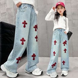 New 2024 Spring Autumn Teenagen Girls Jeans Towel Embroidered Wide Leg Long Pants Baggy Denim Trousers for 4-13yrs Kids Girl