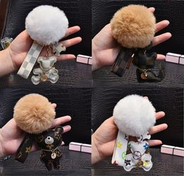 Animal Keyrings Holder Cat Teddy Bear Pompom Pendant Key Chain Ring Fashion PU Leather Car Keychain Buckles Bag Charm Gift Jewelry1294349