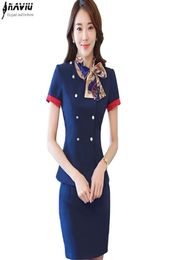 Professional Set Stewardess Uniforms New Fashion Formal Women Short Sleeve Blazer With Skirt Office Ladies Plus Size Work Wear 2004693319