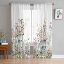 Curtain Plants Flowers Watercolor Vase Sheer Curtains For Living Room Decoration Window Kitchen Tulle Voile Organza