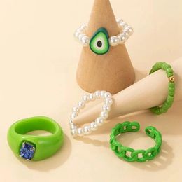 Cluster Rings Teenage 5pcs/Set Green Acrylic Avocado Bead For Women Luxury Cute Girls Handmade Resin Accessories Party Gifts 3izard
