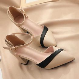 Dress Shoes Rimocy mixed Colour Med Heels pump womens Pointed Toe Ankle with high heels Womens Pu leather patch work shoes WomensL2405