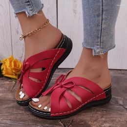 Slippers 2024 Summer Flip-flops Oversized 43 Wedge Heel Platform Non-slip Cut-out Bow Sandals Women's Shoes Women