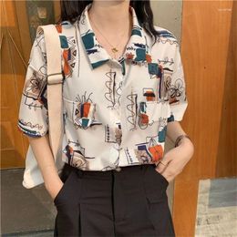 Women's Blouses Women Summer Loose Shirt Short Sleeve Turn-Down Collar Print Fashion Woman 2024 Harajuku Female Tops Tunic