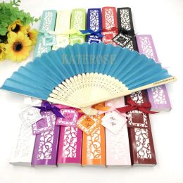 50PCS Tropical Party Supplies Customised Wedding Fan with Mix Colour in Gift Box Bridal Shower Favours Hand made Bamboo Folding Fans ZZ