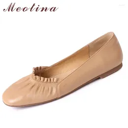 Casual Shoes Meotina Women Loafers Genuine Leather Flat Square Toe Causal Pleated Ladies Footwear Khaki Beige Spring Big Size 40