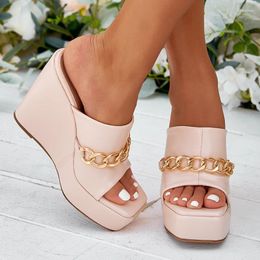 Slippers Platform Wedge Heels Metal Chain Women's Sandals Summer Fashion Open Toe Leather Slides Solid Color Slip On Women Shoes
