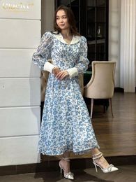 Casual Dresses Clacive Fashion Loose Print Women's Dress Elegant Lapel Long Sleeve Ankle Length Vintage High Waist Pleated Female