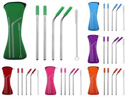 New 4Pcs Reusable Silicone Tips Cover Stainless Steel Straight Bent Drinking Straws With Bag Brush Drop 8309613