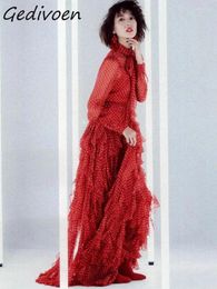 Casual Dresses Gedivoen Vintage Fashion Designer Polka Dot Print Dress Women's Stand Collar Frenulum Ruffles High Waist Slim Long