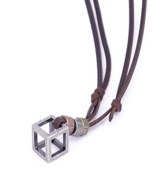 Retro Male Necklace 100 Genuine Leather Rope Punk Vintage Collar Jewelry Hollow Cube Box Pendant For Men Necklaces5614043