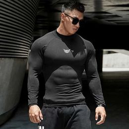 Men's T-Shirts Compression shirt running long sleeved T-shirt mens high necked quick drying sportswear elastic and tight fitting fitness suit S52133