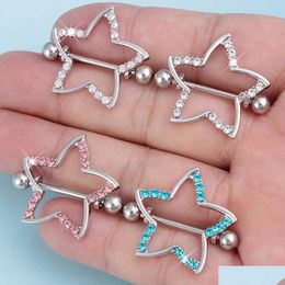 Nipple Rings 2Pcs Ring Barbell Rhinestone Paved Star Shape Nipplerings Piercing Stainless Steel 14G Body Drop Delivery Jewelry Dh0I6