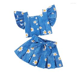 Clothing Sets Kids Girl 2 Piece Outfit Floral Ruffle Front Button Tops And Pleated Skirt With Belt Set For Toddler Summer Clothes
