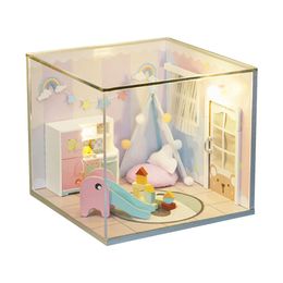 Miniature House Room Box Toys Stickers Handmade Hut Dust Cover Model Wooden Doll Furniture DIY Kids for Children