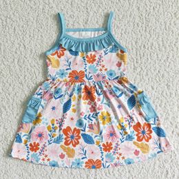 Sonnenblumengedruckte Designer Boutique Sonnenblumenkleid für Mädchen Großhandel Milch Seide Hosenträger Süßes Kleinkindoutfits für die Sommermode