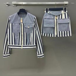 Work Dresses Fashion Blue White Contrast Colour Striped DenimJacket And Skirt Sets For Women 2024 High Quality Patch Design Suits Lady Autumn