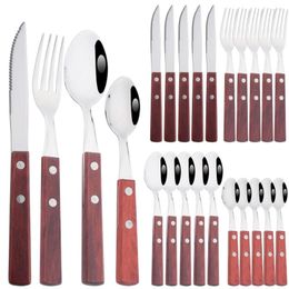 Dinnerware Sets Drmfiy 16/24Pcs Wood Handle Silverware Steak Knife Fork Spoon Cutlery Set 304 Stainless Steel Kitchen Tableware