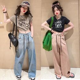 Clothing Sets Korean Spring Autumn School Girl 2-Piece Children Drawstring Tops Ragged Edge Jeans Girls From 4-12 Years Old