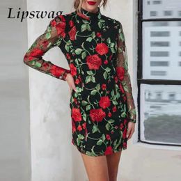 Casual Dresses Retro Women O Neck Slim Party Dress Fashion Hand Floral Jacquard Embroidery Elegant Mesh Long Sleeve Commutting Mini