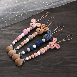 Pacifier Holders Clips# New baby wooden pacifier clip crochet rabbit soothing chain for caring chewing toys dummy support free of bisphenol A d240521