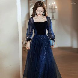 Party Dresses Navy Blue Sequin Evening Women Long Sleeves Square Collar Patchwork Homecoming Dress Simple Elegant Host Gown