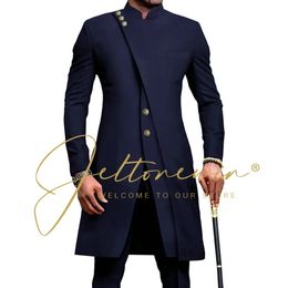 African Style Stand Collar Male Navy Blue Groom Tuxedos For Wedding Costume Groomsmen Man Slim Fit 2 Piece Blazer Pant 240515