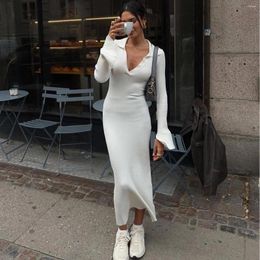 Casual Dresses Women's Sexy Low Cut V-neck Long Sleeved Knitted Sweater Bodycon Dress Autumn Black Fashion Pullover Maxi Streetwear