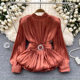 Women's Blouses High Quality Waistband Silk Shirt For Women Pleated Ruffle Hem Long Sleeve Autumn Blouse Top Vintage