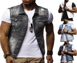 Mens Denim Vest Mens Jacket Sleeveless Casual Vintage Waistcoats Mens Jean Coat Ripped Slim Fit Male Jackets Cowboy3946234