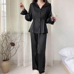 Women's Sleepwear Autumn Women Pajamas Satin Silk V Neck Loose Soft And Comfortable Nightgown Long Sleeve Tops Pants Pyjama Home Clothes