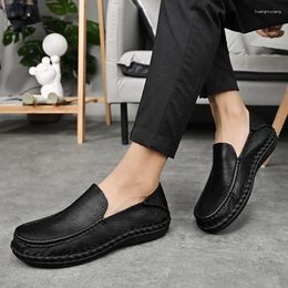 Casual Shoes Men Durable Leather Shoe Large Summer Breathable Slip-On Cowhide Soft Sole Hollow Out Slippery Loafers Luxury