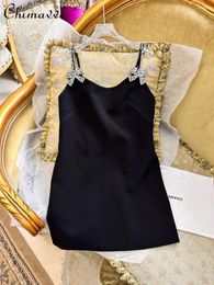 Casual Dresses Spring 2024 High-End Bottoming Suspender Dress Heavy Rhinestone Sexy Girl Bow Slim Fit Short Elegant Party Black