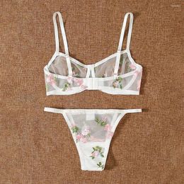 Bras Sets Elegant Embroidery Three Point Set Ladies See Through Mesh Sexy Bra And Seamless Underwear Push Up Lingerie